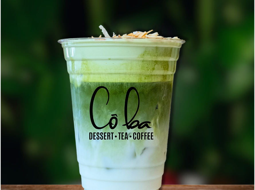 A refreshing green tea drink called Matcha Cloud, topped with coconut and almonds for a delightful twist