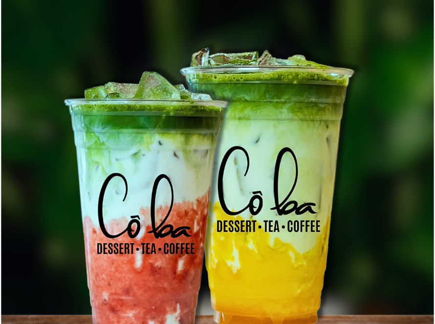 Two colorful drinks representing different flavors, one green matcha and another vibrant fruit blend, titled "Matcha Paradise"
